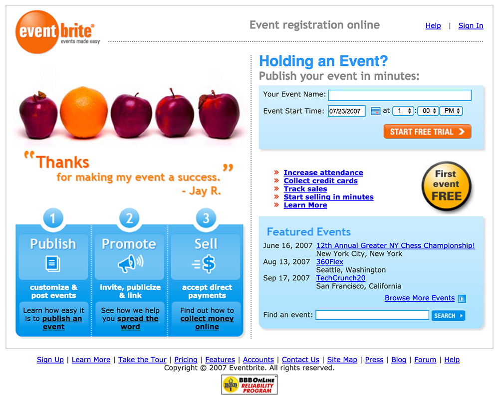 homepage eventbrite 2006