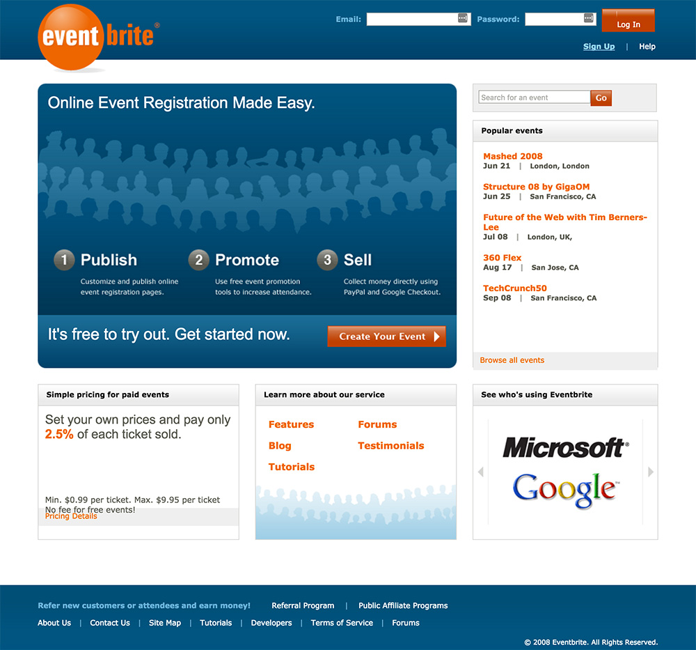homepage eventbrite 2008