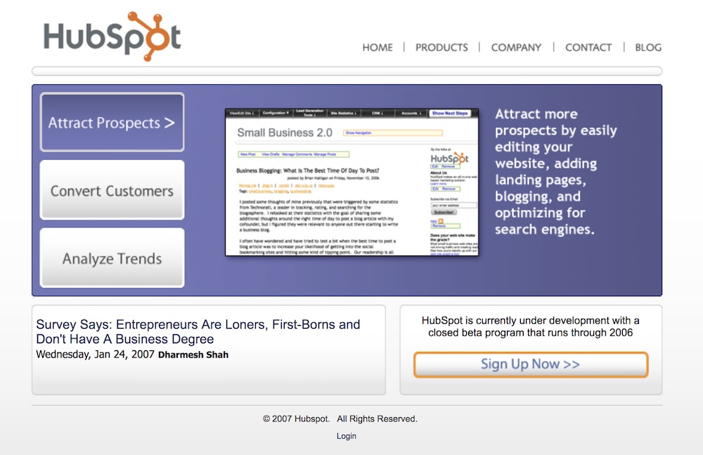 homepage hubspot 2007