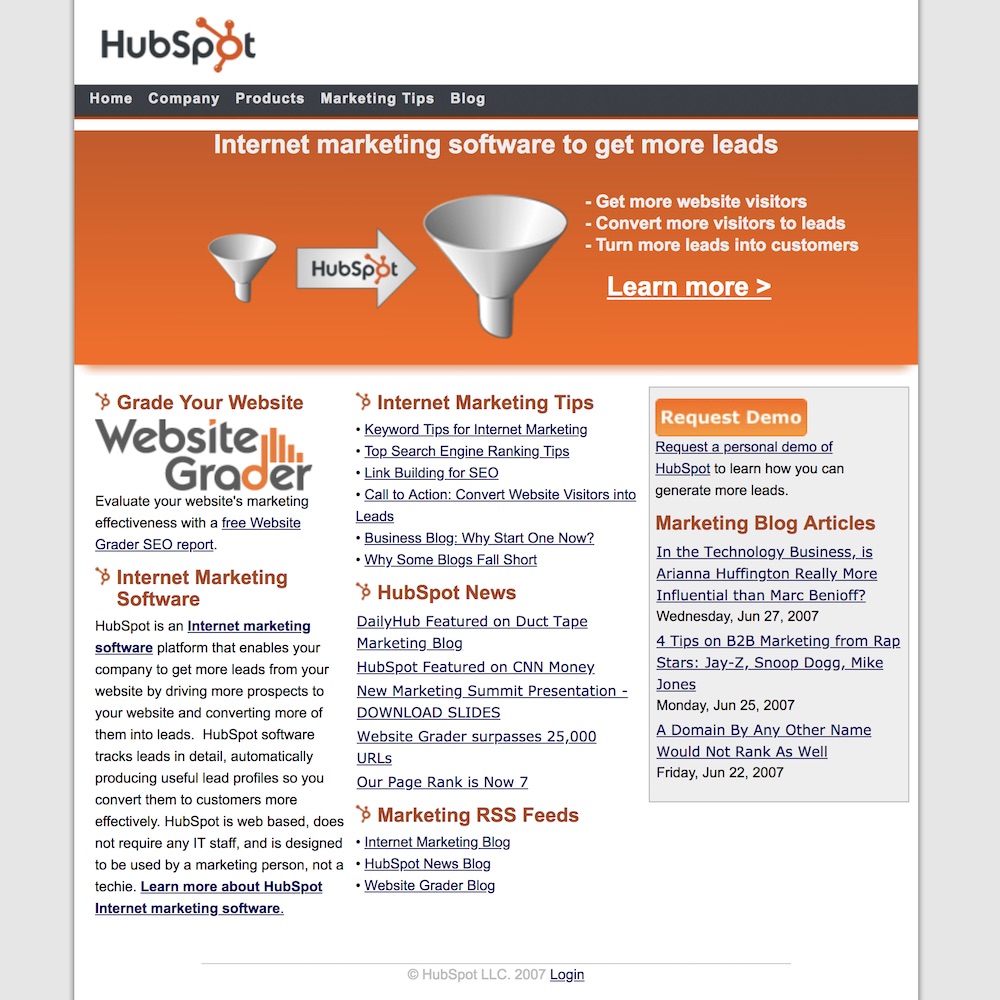 homepage hubspot 2007