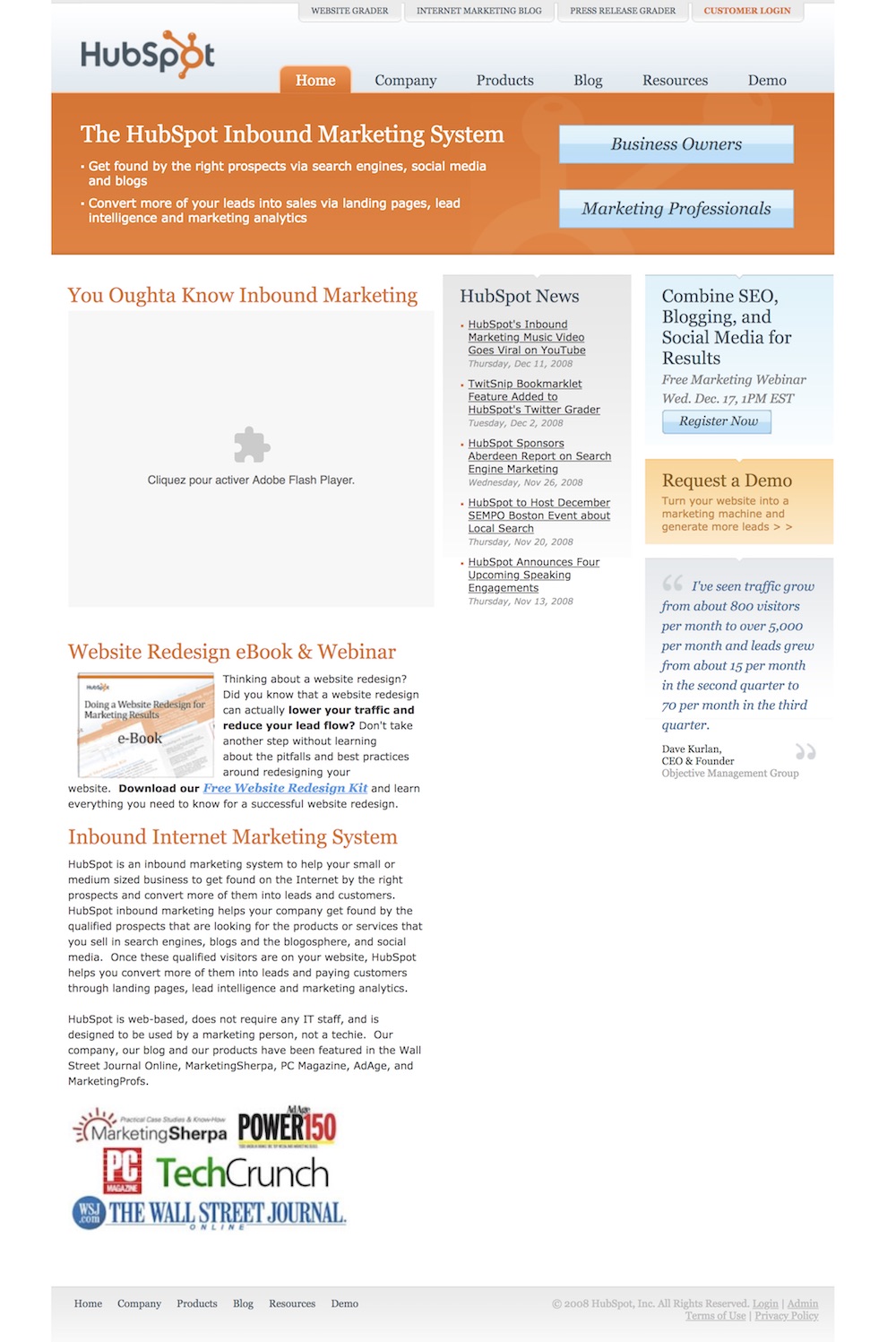 homepage hubspot 2008