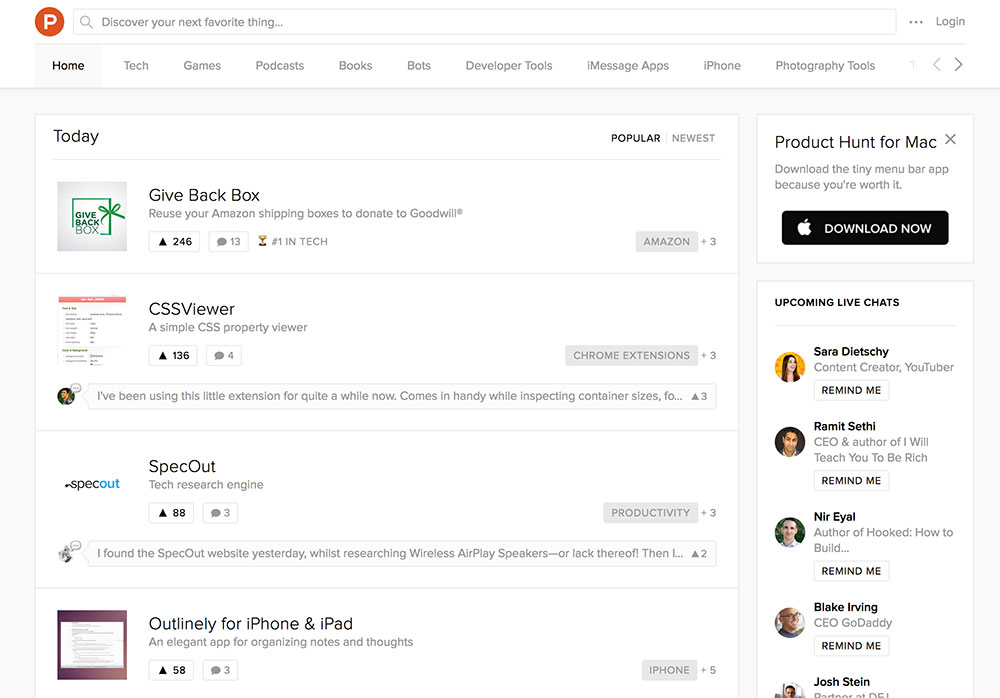 homepage producthunt 2016